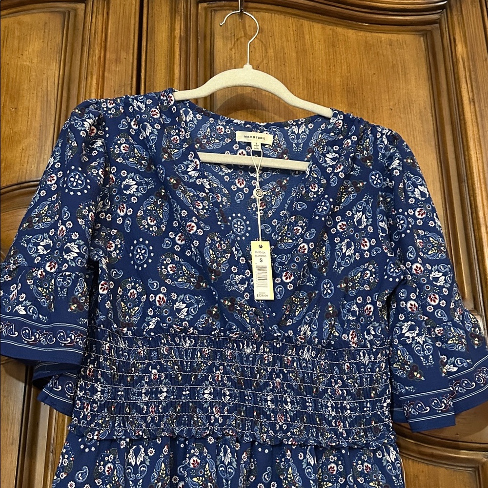 NEW Max Studio Blue White Flutter Sleeve Flirty Midi Dress Size Small - Picture 7 of 12